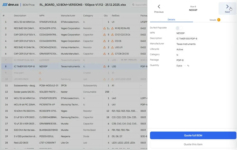 BOMprice workspace showing imported components and pricing information