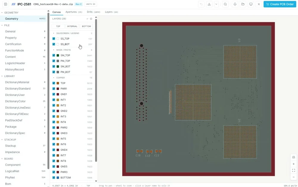 ipc2581.tools manufacturing package editor with board geometry and layer stack