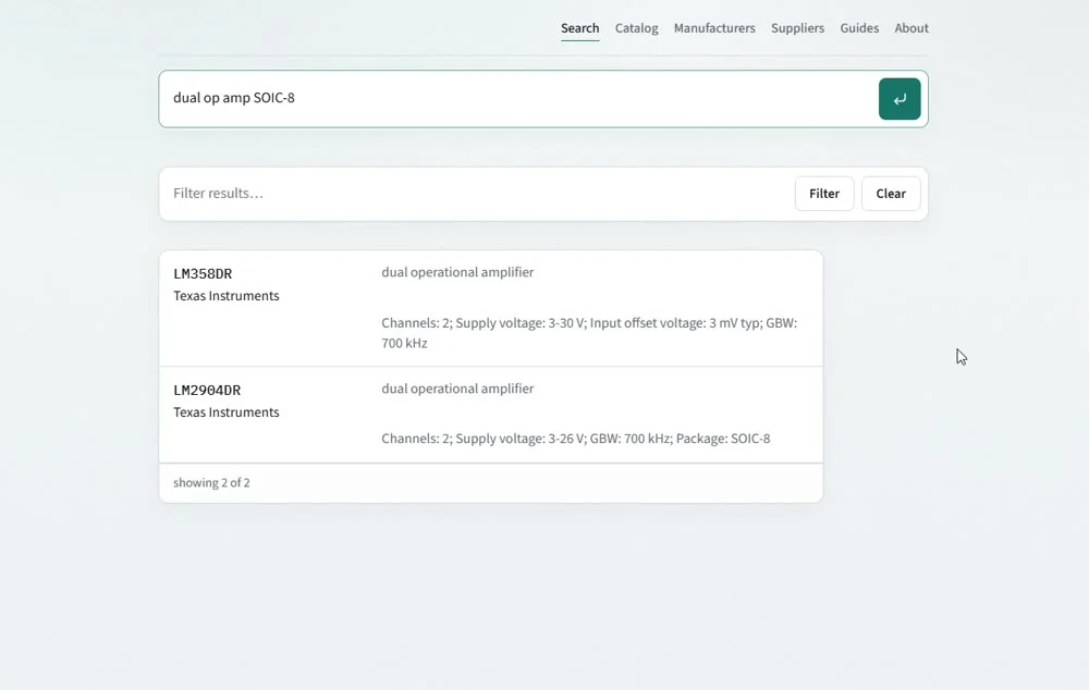 mpn.cc electronic component search results with manufacturer part numbers