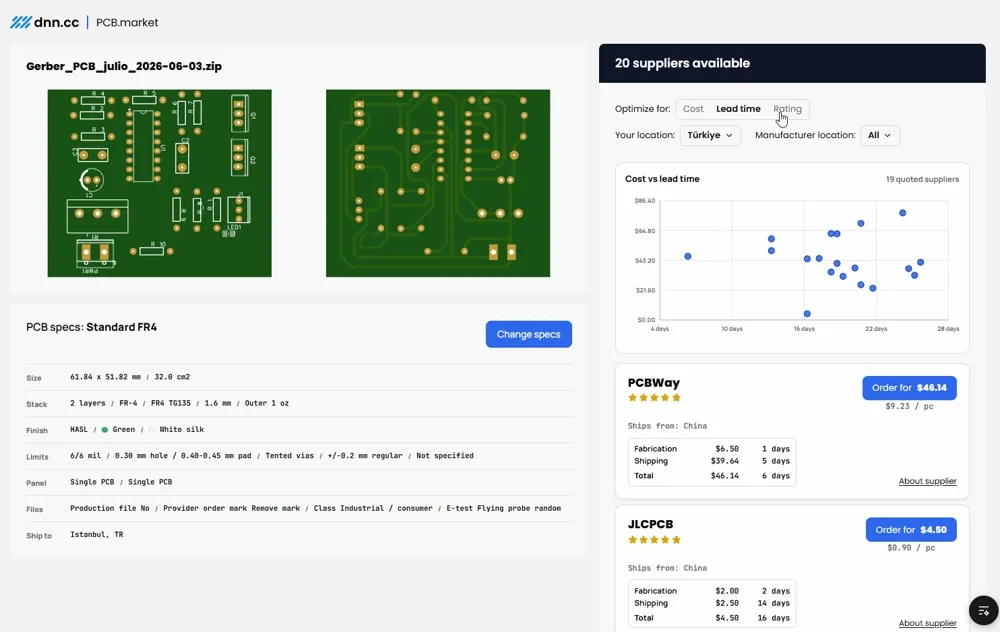 pcb.market showing a PCB preview and manufacturing supplier quotes
